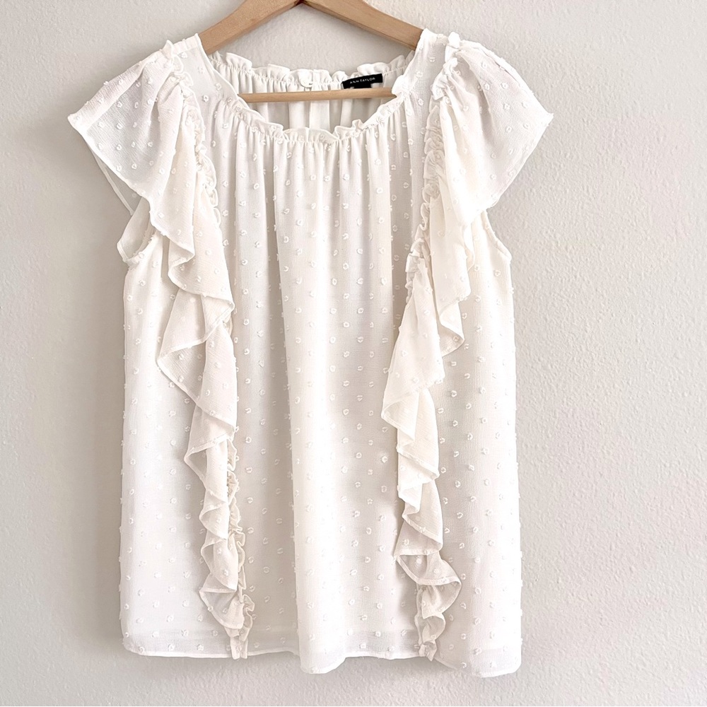 Ann Taylor Clip Dot Ruffle Top in Ivory XS